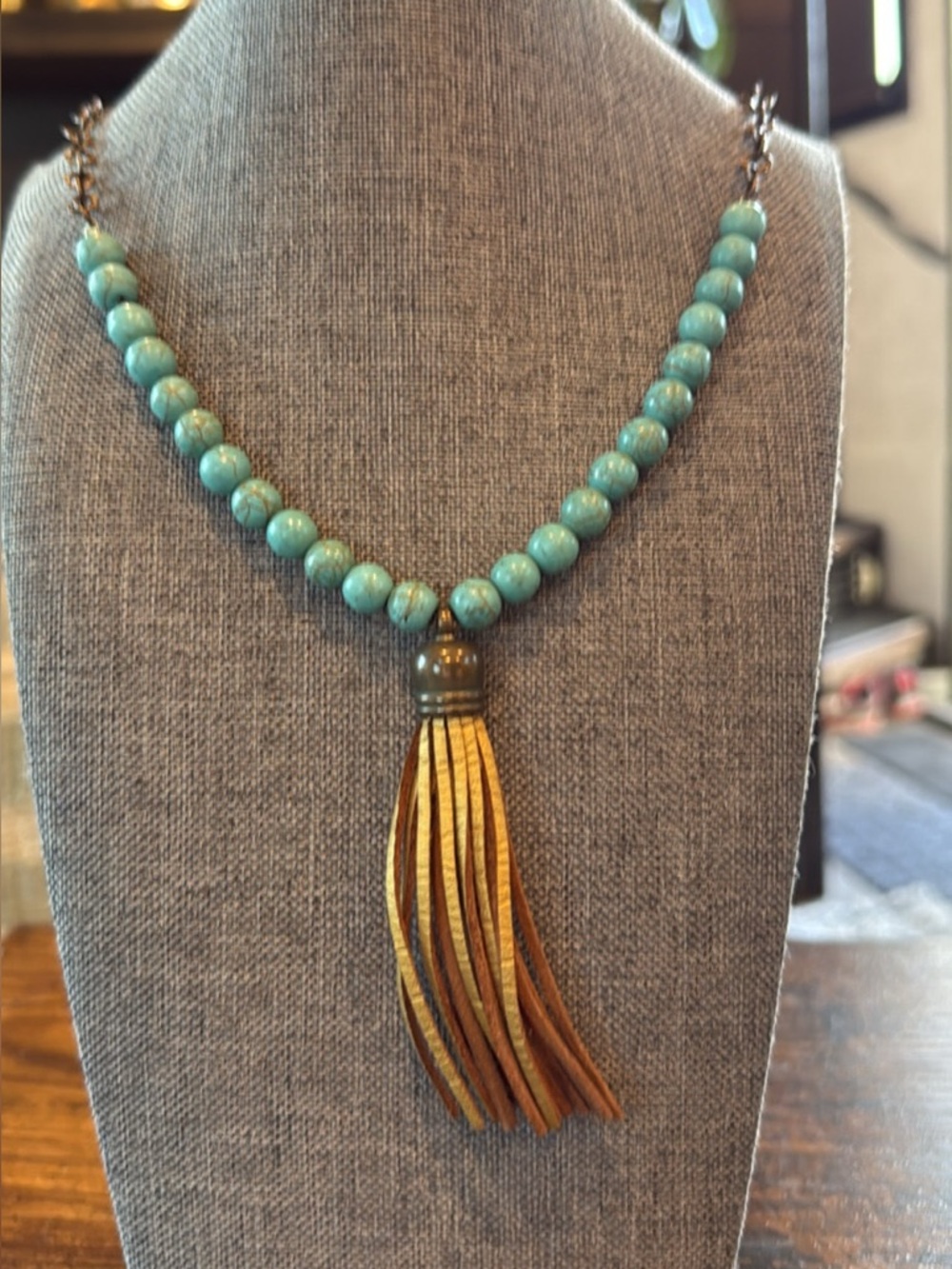 Turquoise Beaded Necklace with Leather Tassel